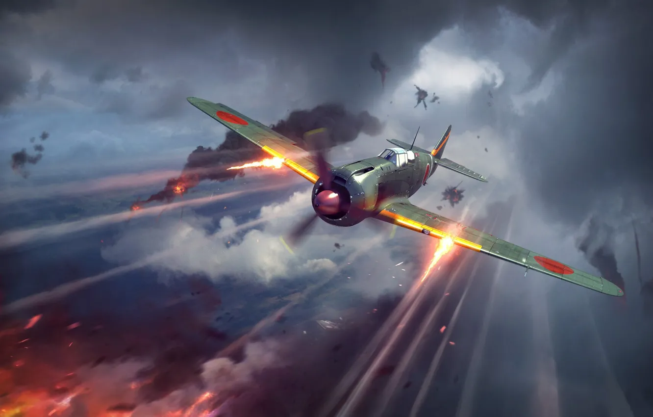 Photo wallpaper smoke, explosions, the plane, shots, in the sky, War Thunder, Warplane