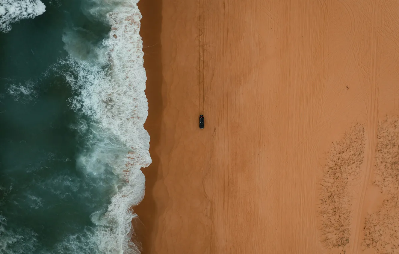 Photo wallpaper car, beach, coast, sand, surf, aerial view