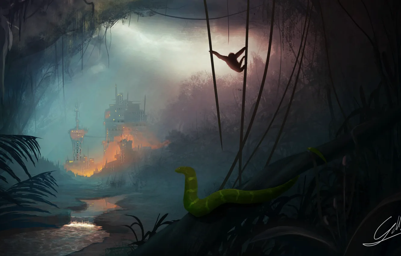 Photo wallpaper snake, jungle, art, monkey, twilight, vines