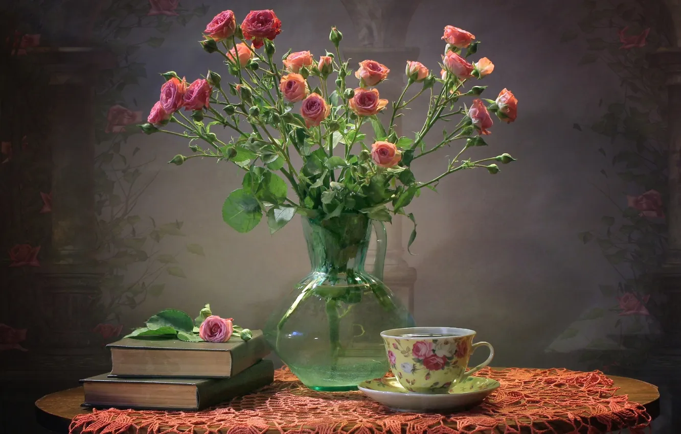 Photo wallpaper books, roses, bouquet, texture, Cup