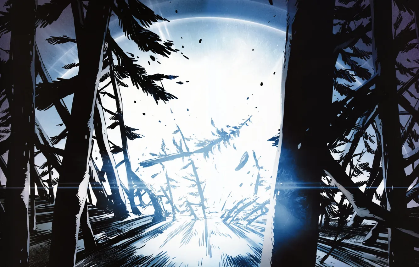 Photo wallpaper trees, blue, bright light, texture, Nintendo