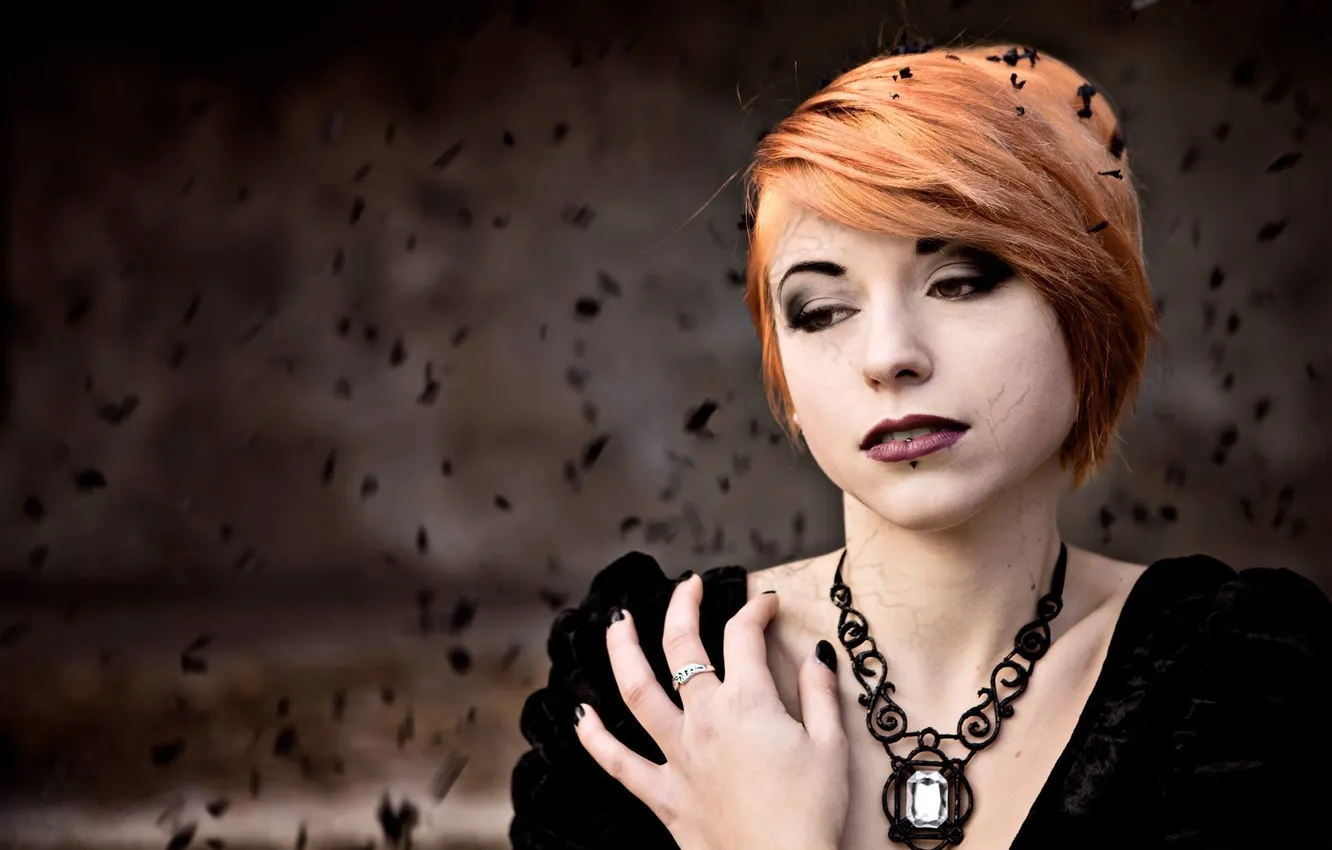 Photo wallpaper wallpaper, girl, background, sadness, situation, black dress, necklace, emotions
