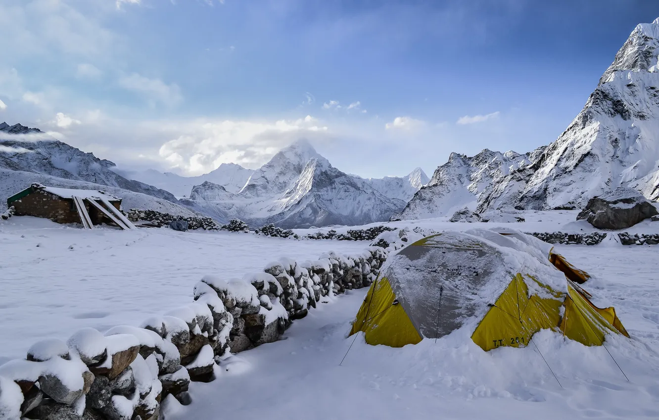 Photo wallpaper cold, snow, mountains, tops, tent, Wolfgang Lutz