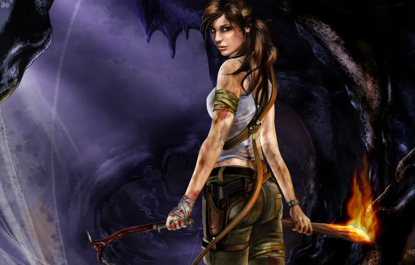 Photo wallpaper look, girl, lights, darkness, dirt, torch, Tomb Raider, cave