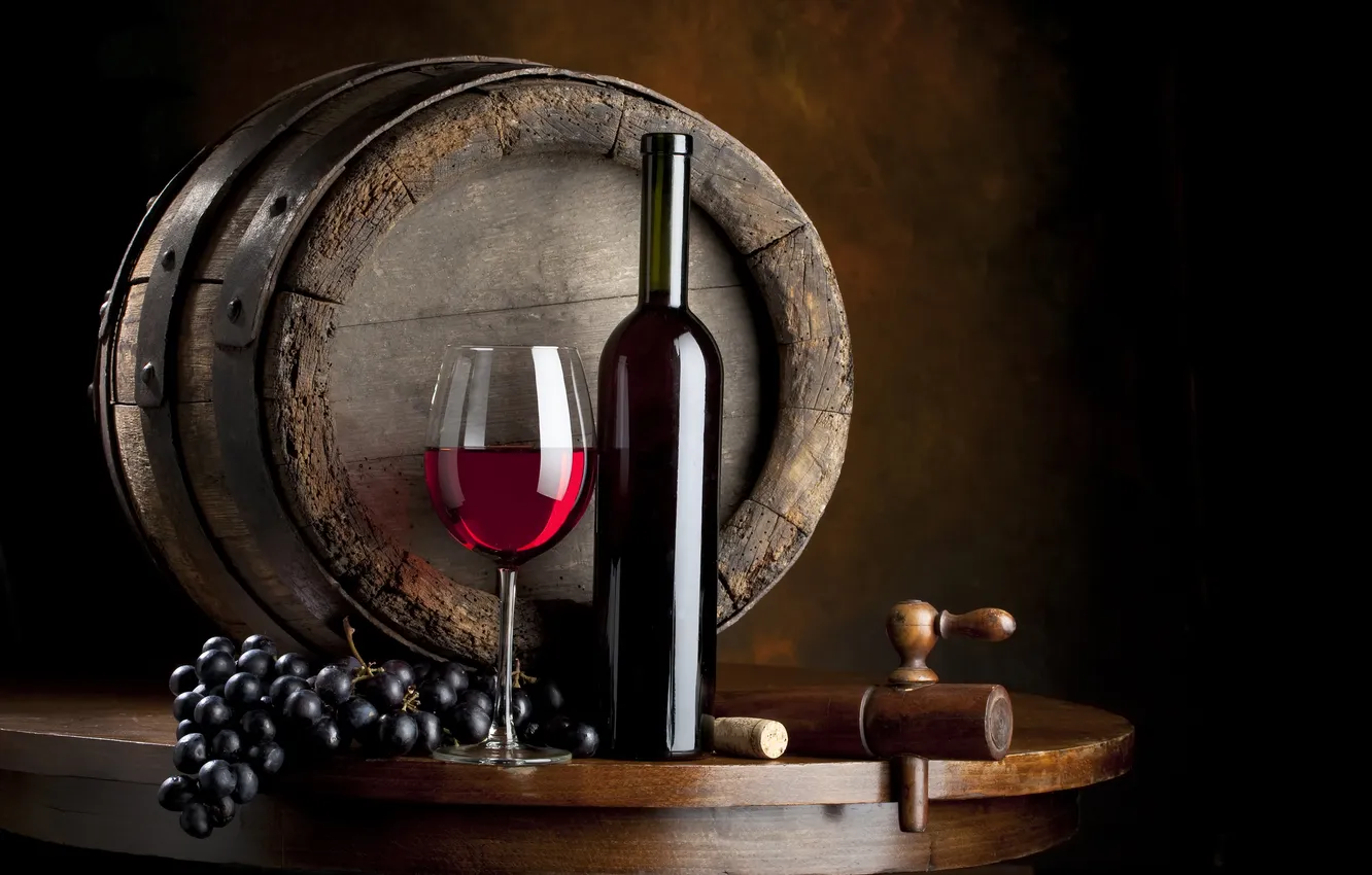 Photo wallpaper wine, red, glass, bottle, grapes, barrel, barrel