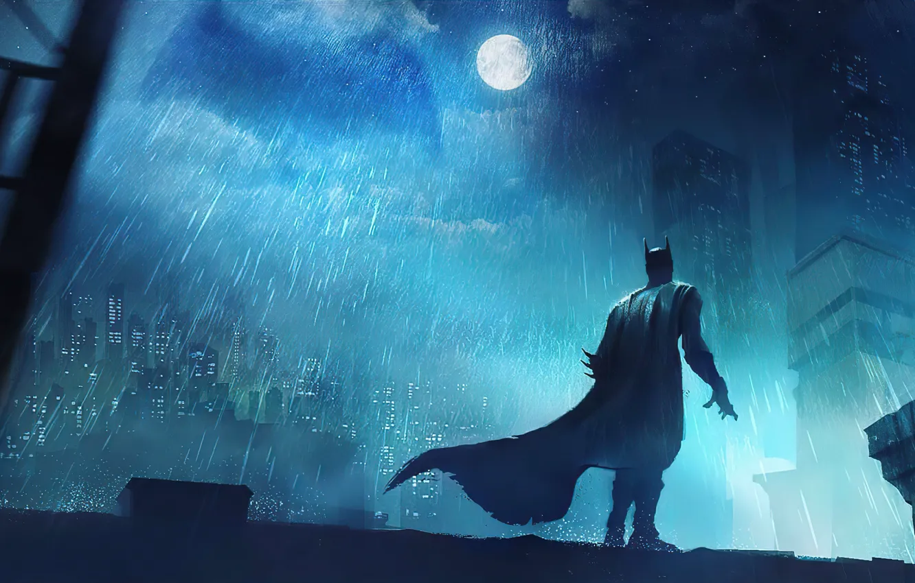 Photo wallpaper light, night, the city, rain, the moon, Batman
