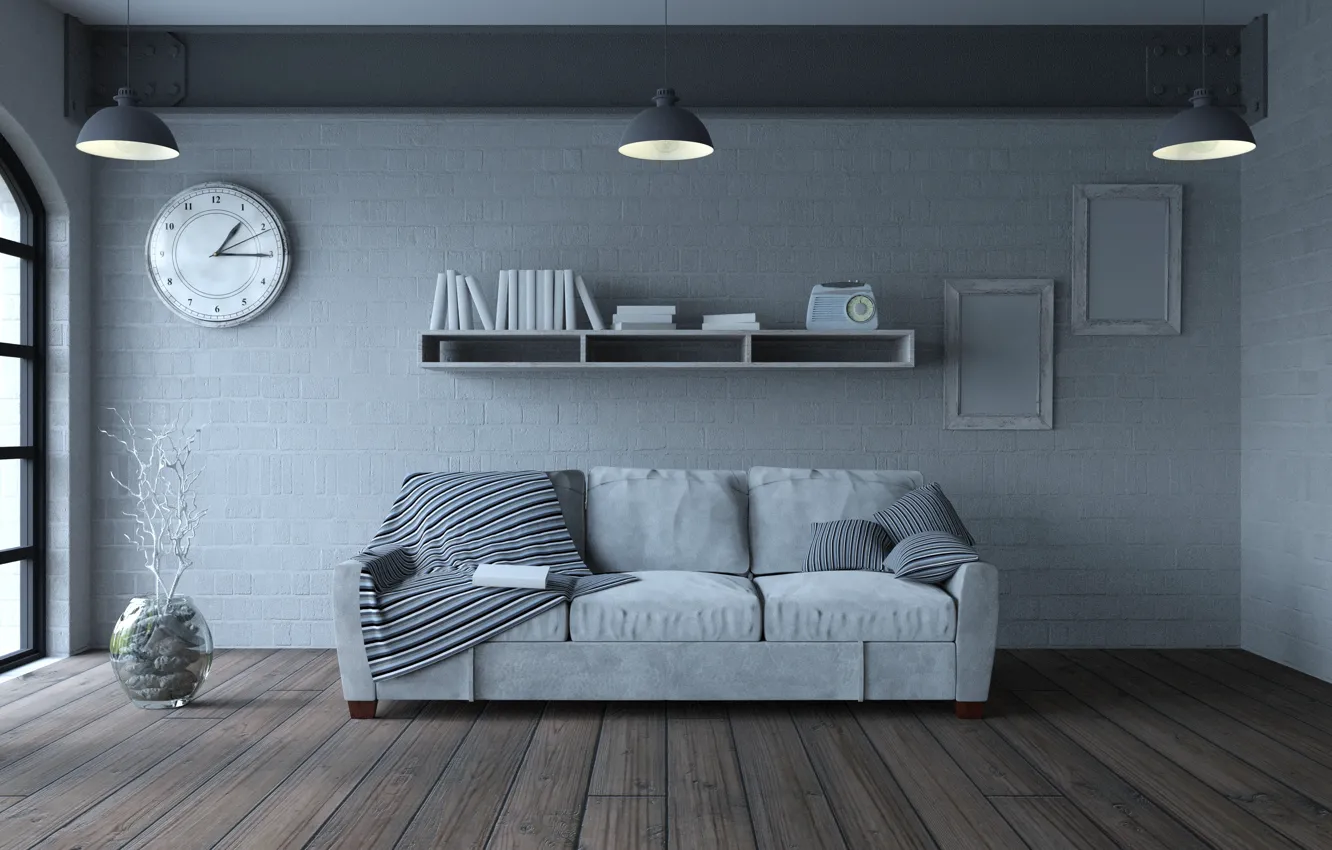 Photo wallpaper design, sofa, interior, pillow, living room, Sofa, Book, Clock
