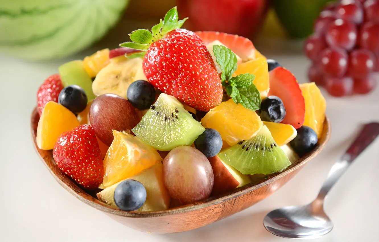 Photo wallpaper berries, kiwi, blueberries, strawberry, grapes, dessert, grape, strawberry