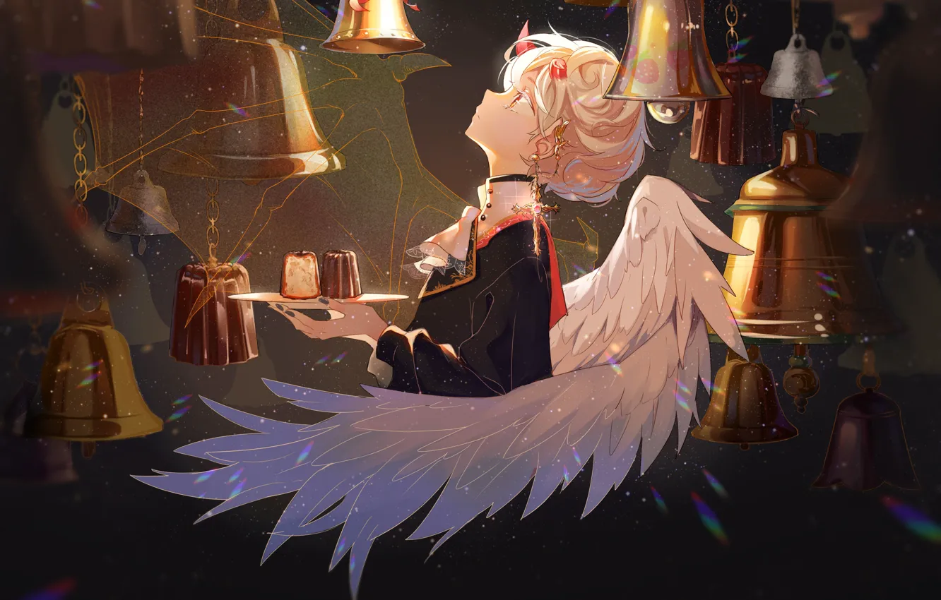 Photo wallpaper girl, wings, angel, the demon, bells, dessert, horns
