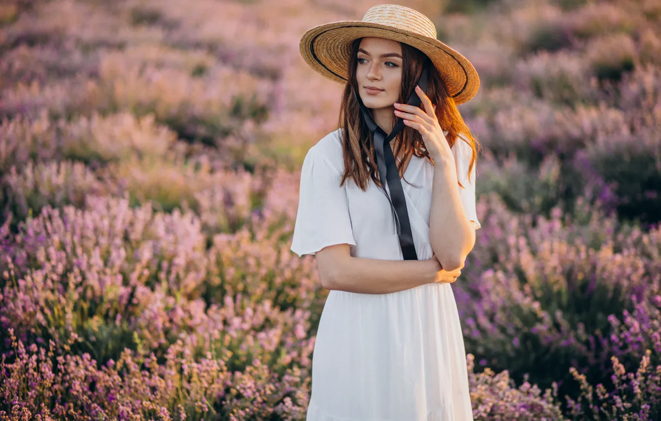 Photo wallpaper girl, flowers, portrait, hat, lavender, lavender field