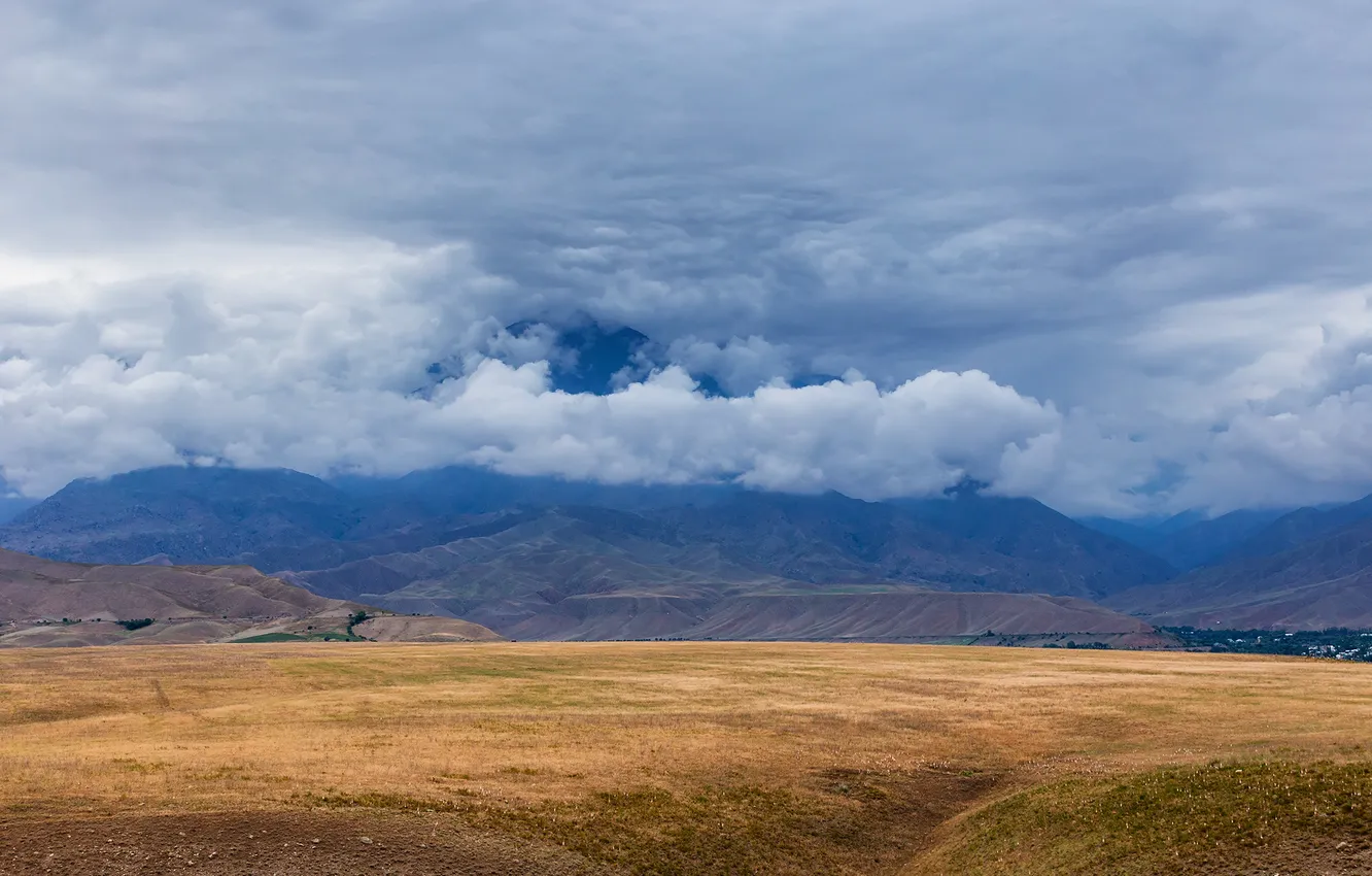 Photo wallpaper clouds, mountains, serenity, beauty, plain, valley, horizon, space