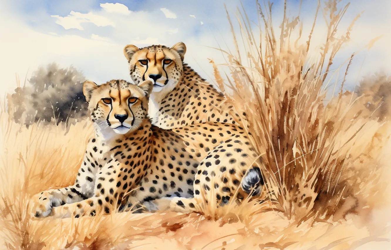 Photo wallpaper grass, look, predator, art, Cheetah, two, big cats, digital art