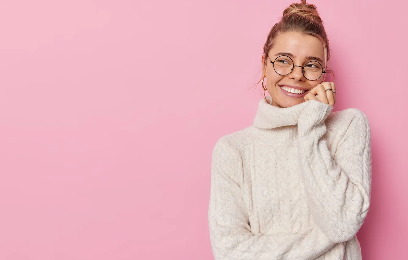 Photo wallpaper girl, smile, beauty, glasses, sweater