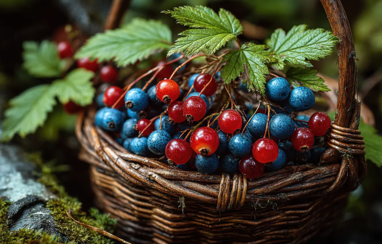Photo wallpaper leaves, red, berries, harvest, blueberries, basket, currants, blueberries