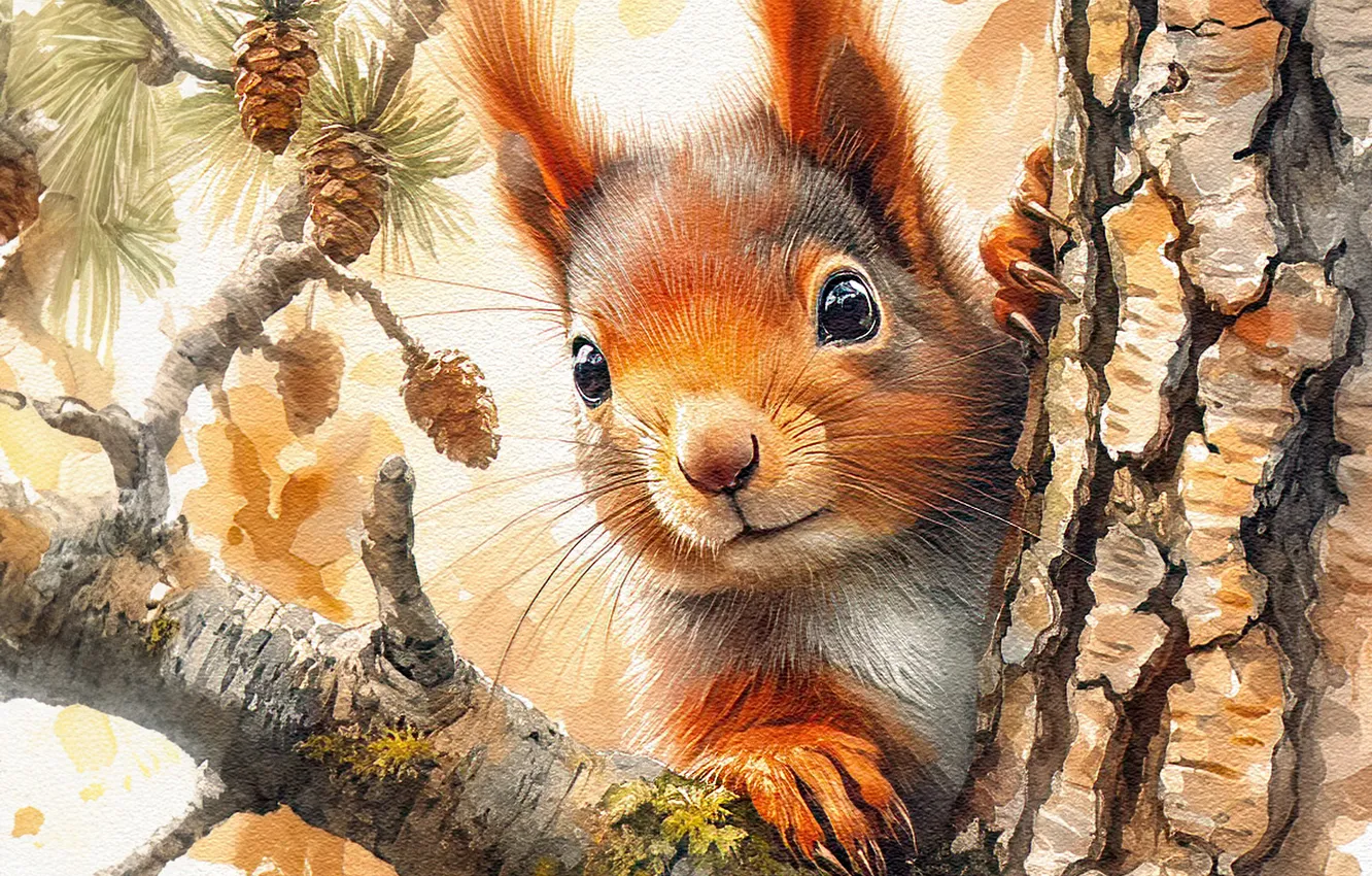 Photo wallpaper look, trees, branches, protein, red, bark, painting, face