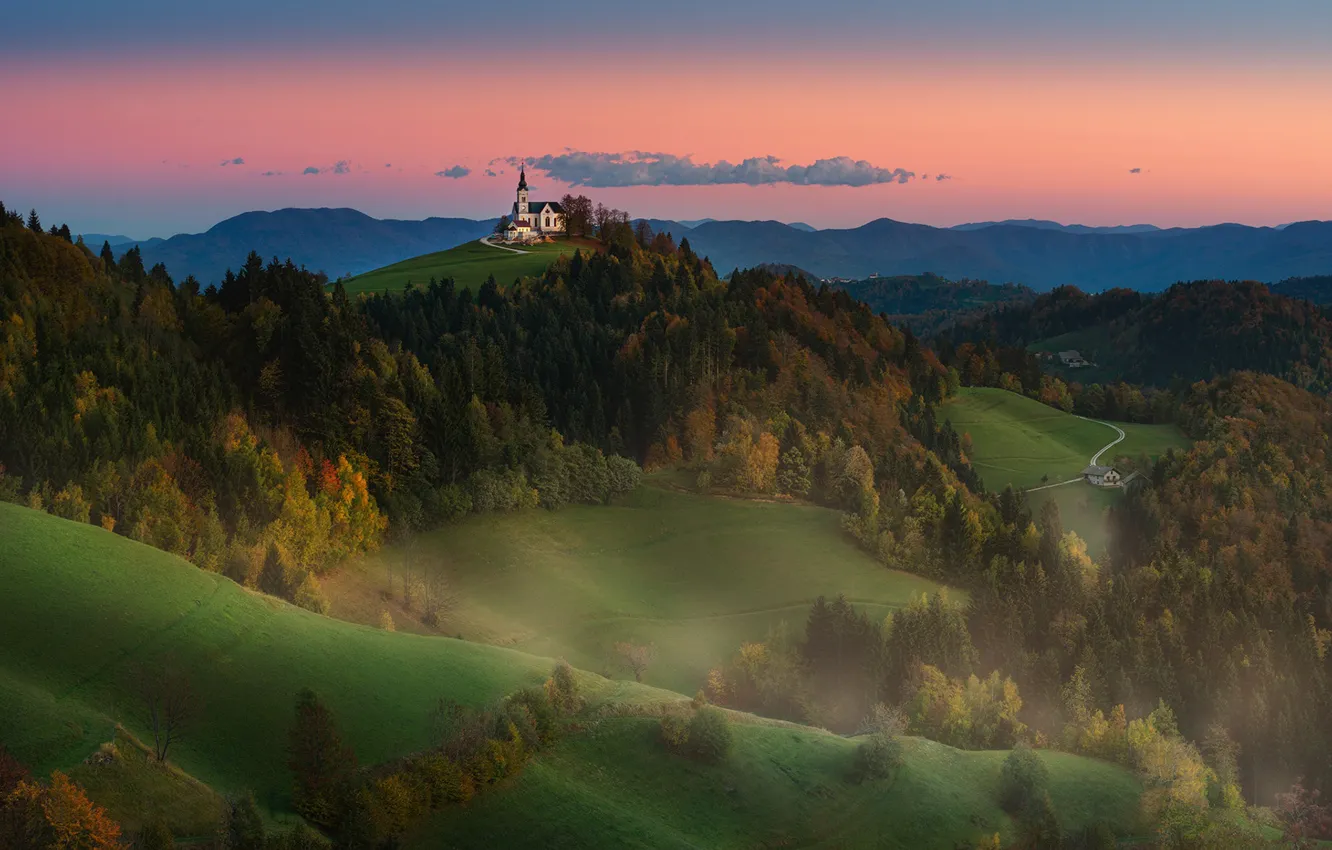 Photo wallpaper landscape, mountains, nature, hills, Church, forest, meadows, Slovenia