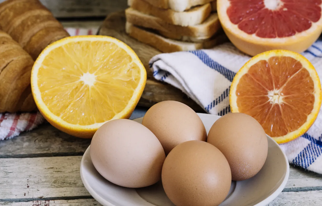Photo wallpaper eggs, croissant, orange, bread, citrus