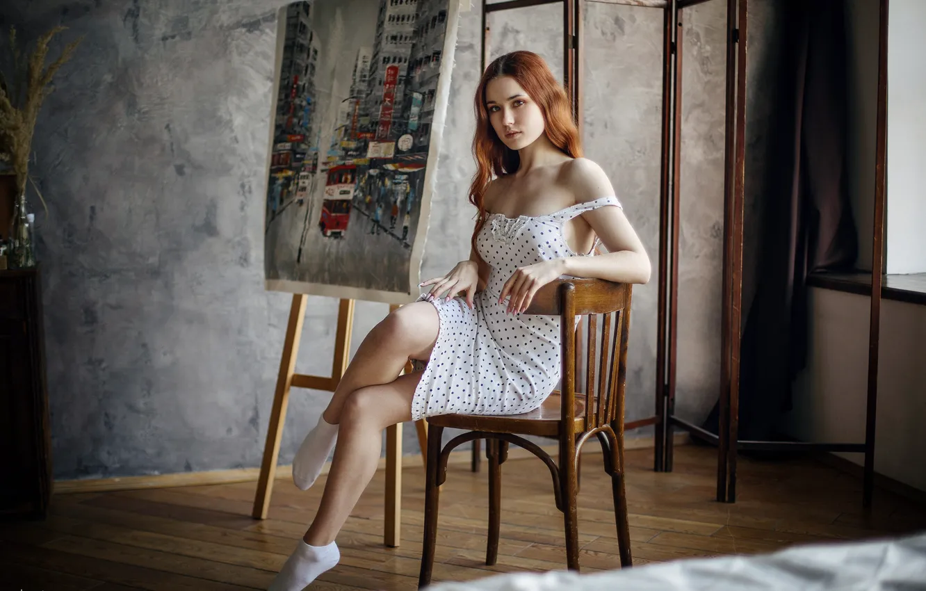 Photo wallpaper dress, model, chair, women, window, redhead, bed, white dress