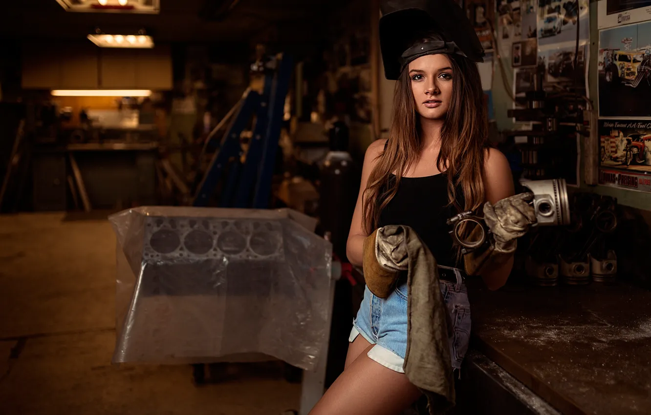 Photo wallpaper girl, mechanic, gloves, workshop, repair