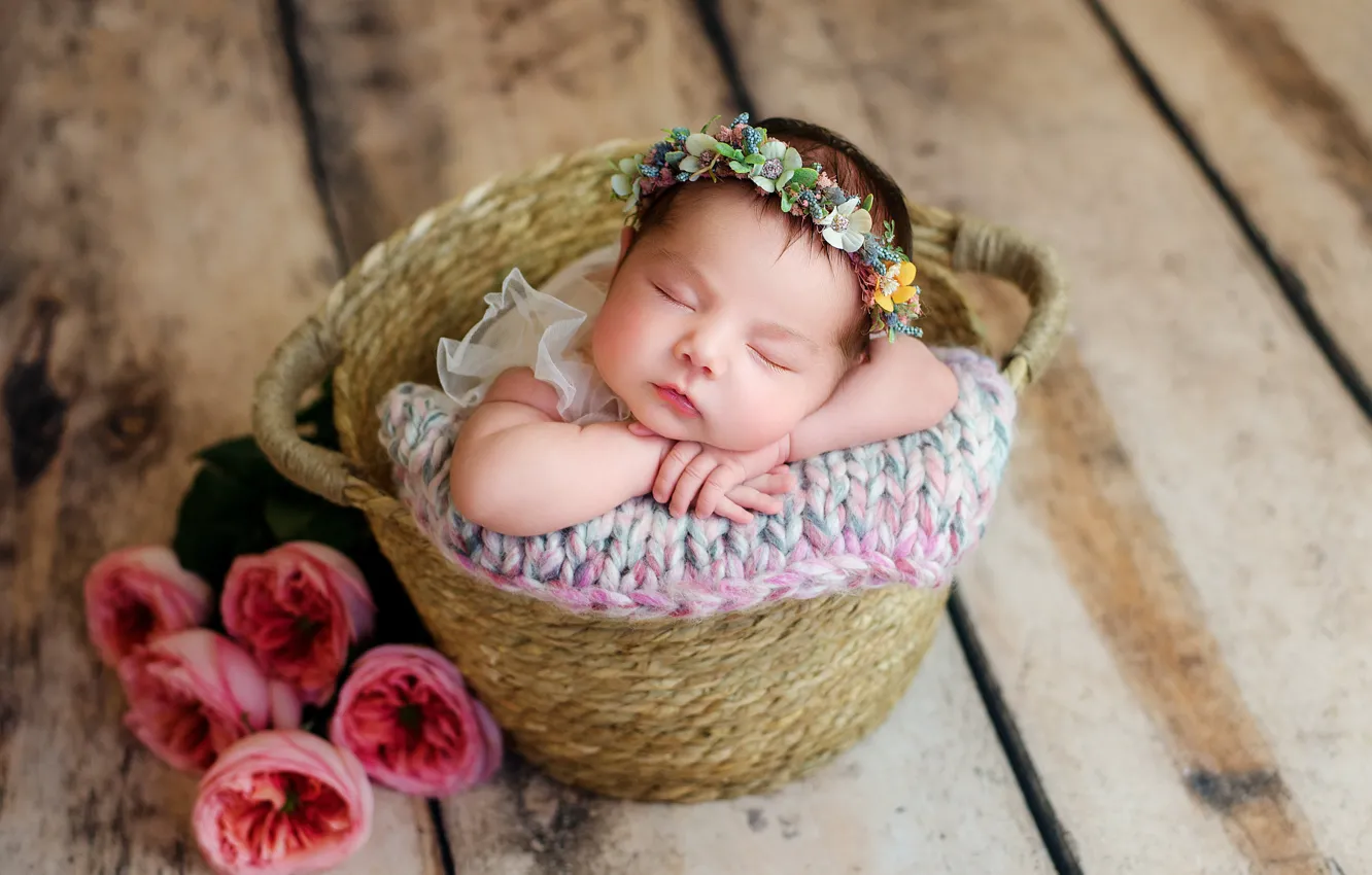 Photo wallpaper flowers, basket, Board, sleep, roses, girl, wreath, baby