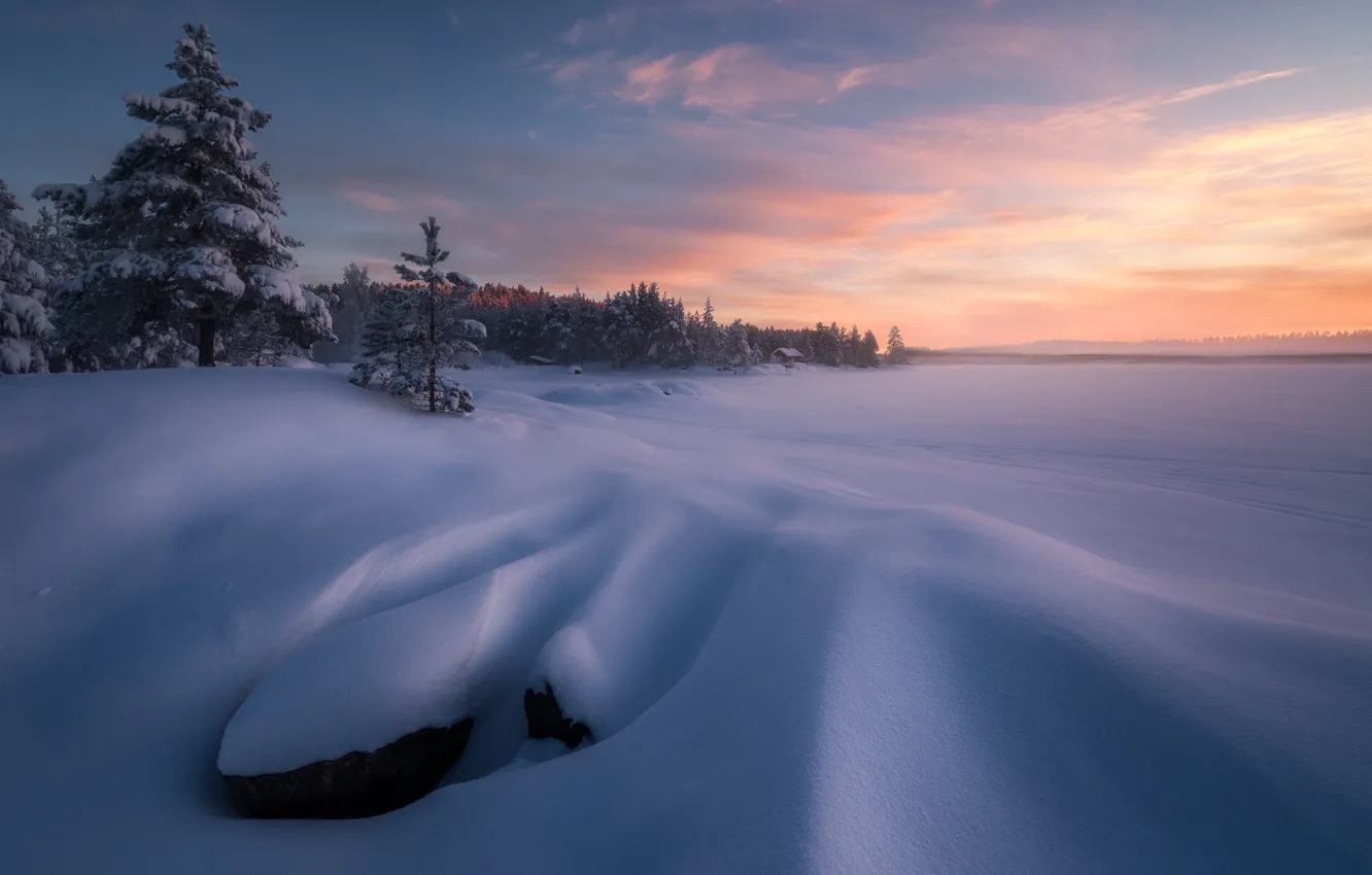 Photo wallpaper winter, snow, trees, the evening, Norway, Norway, Romsdalen, Ole Henrik Skjelstad
