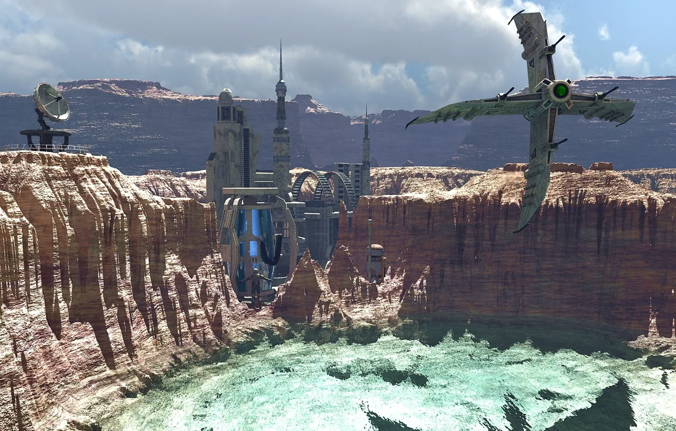 Photo wallpaper rock, tower, sky, cloud, spaceship, planet, shadow, other worlds