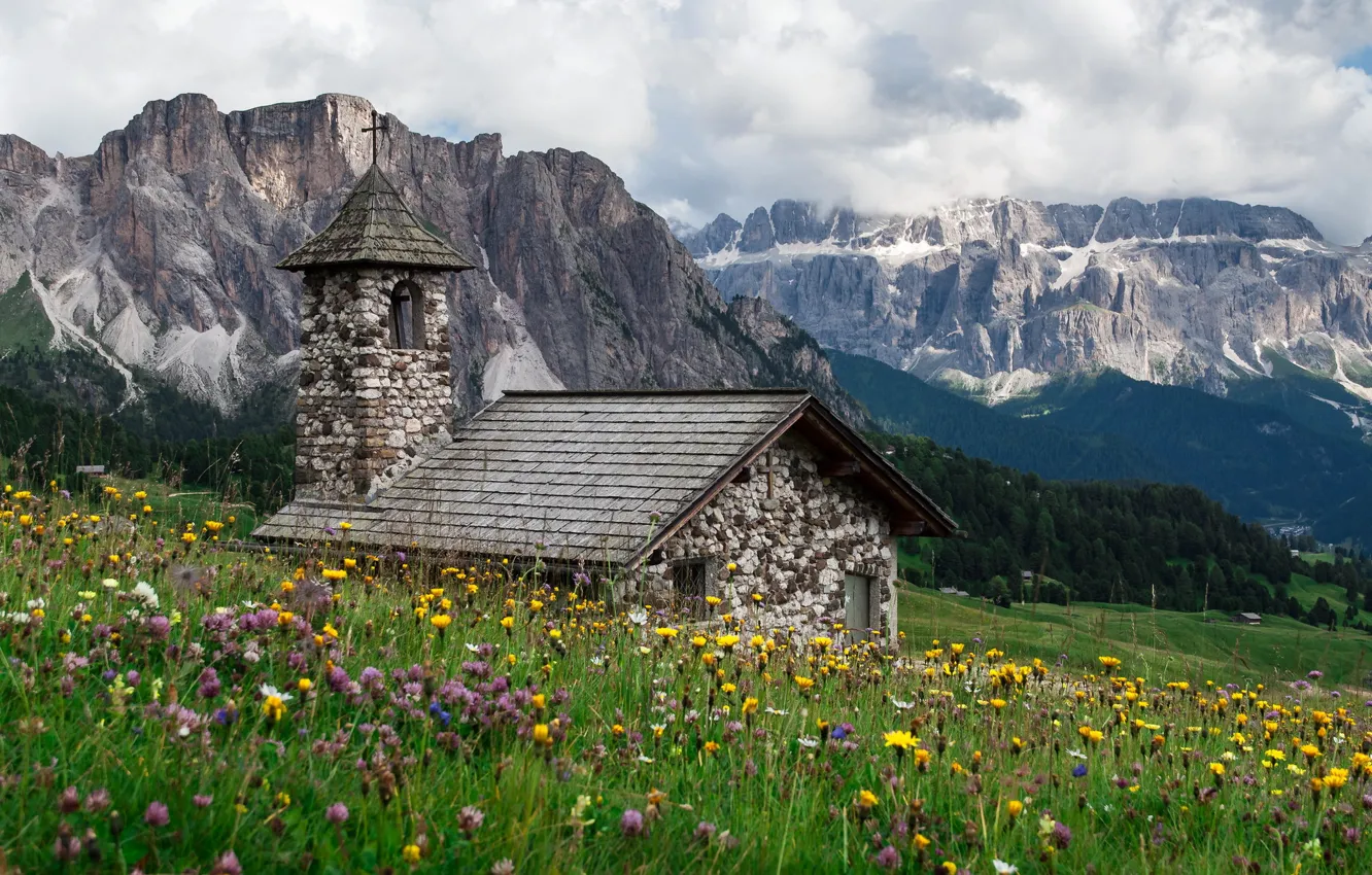 Photo wallpaper landscape, Alps, Seceda church