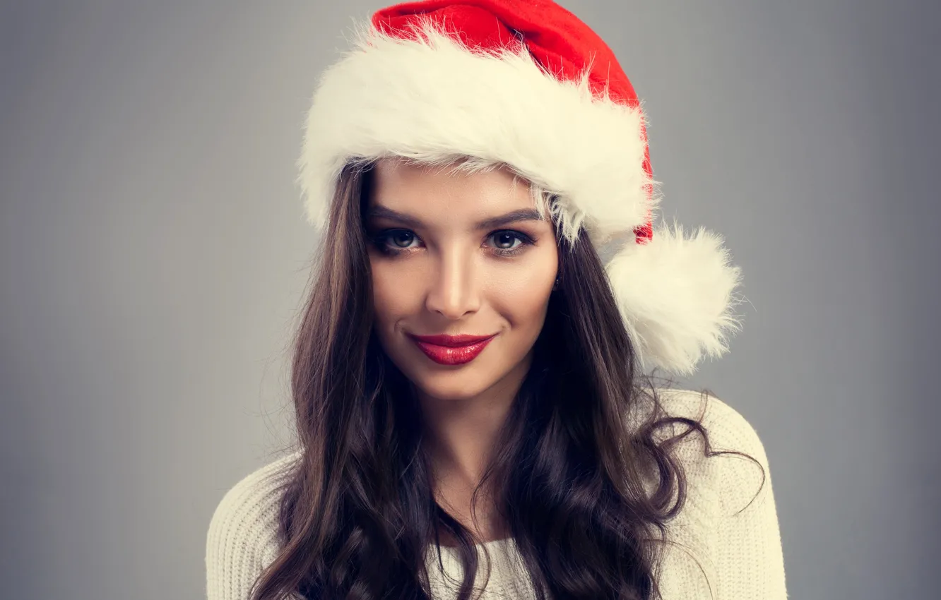 Photo wallpaper look, smile, background, model, hat, new year, portrait, makeup