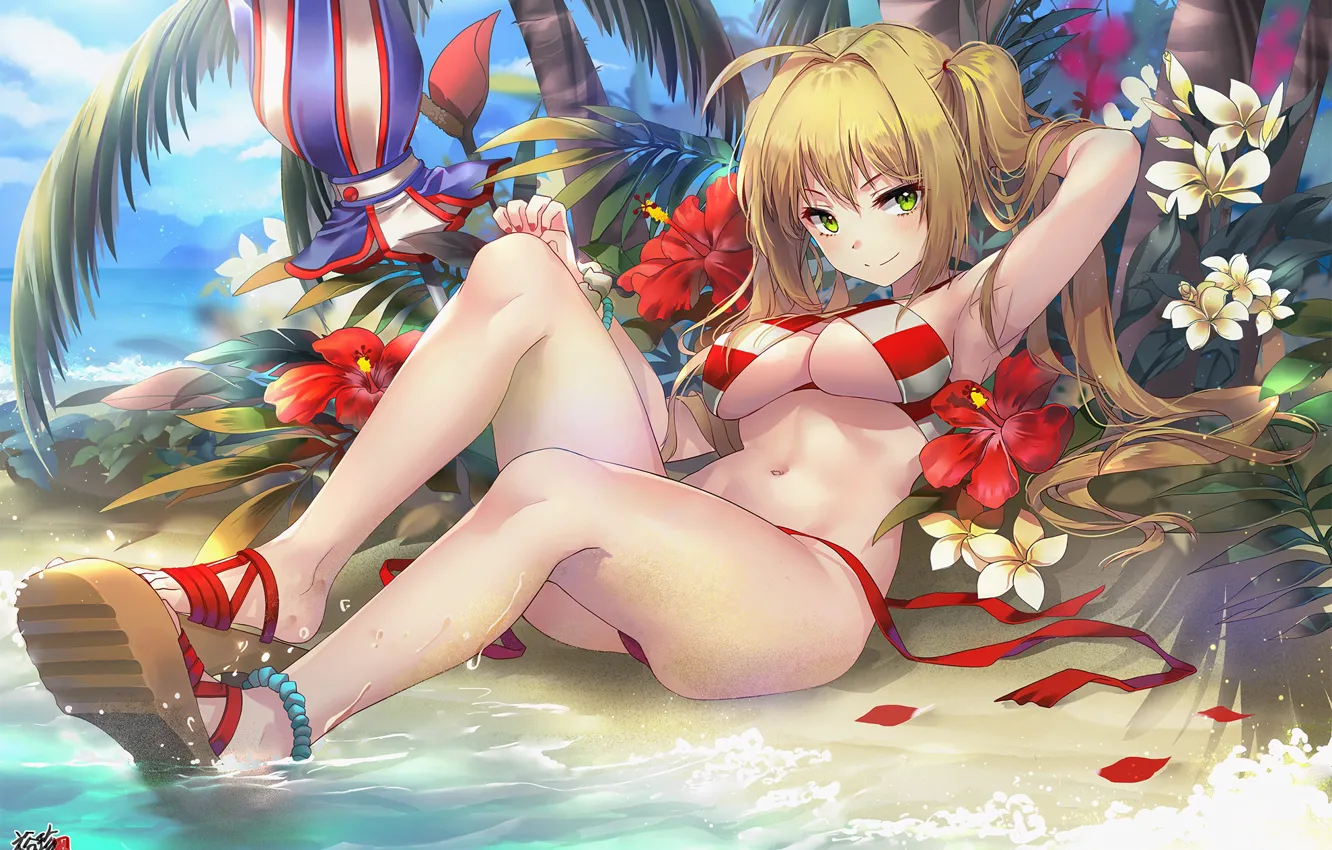 Photo wallpaper Flowers, Girl, Swimsuit, Umbrella, Fate / Grand Order, The destiny of a great campaign