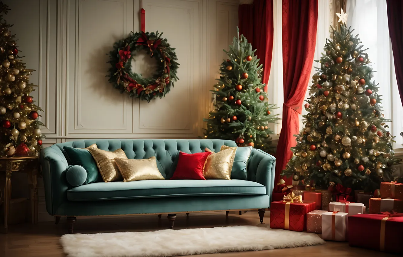 Photo wallpaper decoration, room, gift, tree, new year, interior, Christmas, Christmas