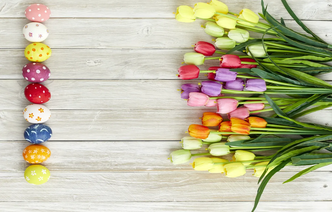 Photo wallpaper flowers, eggs, spring, colorful, Easter, tulips, wood, flowers