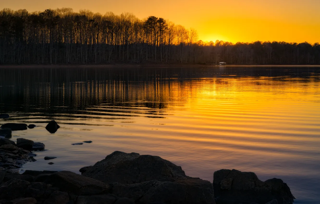 Photo wallpaper autumn, sunset, stones, shore, pond