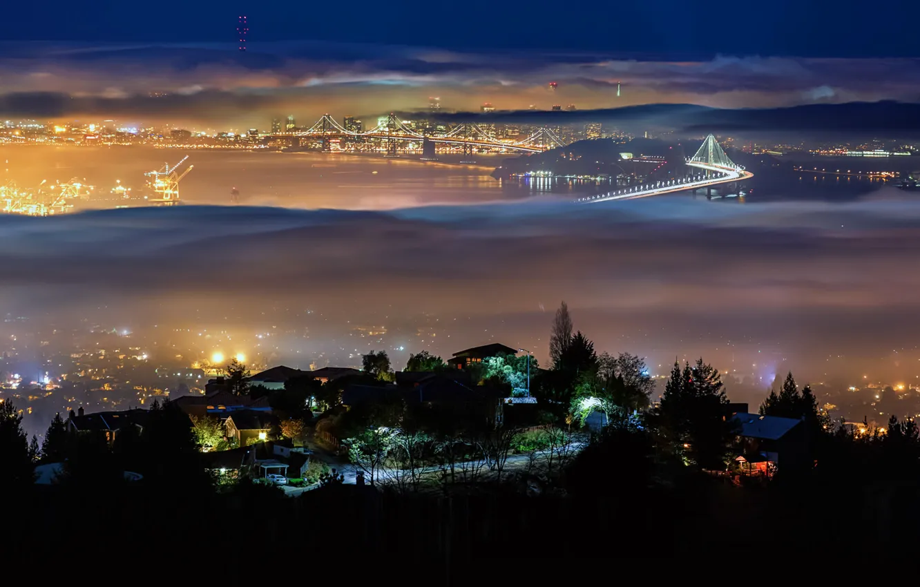 Photo wallpaper night, bridge, the city, lights, fog, CA, USA, Bay San fracisco