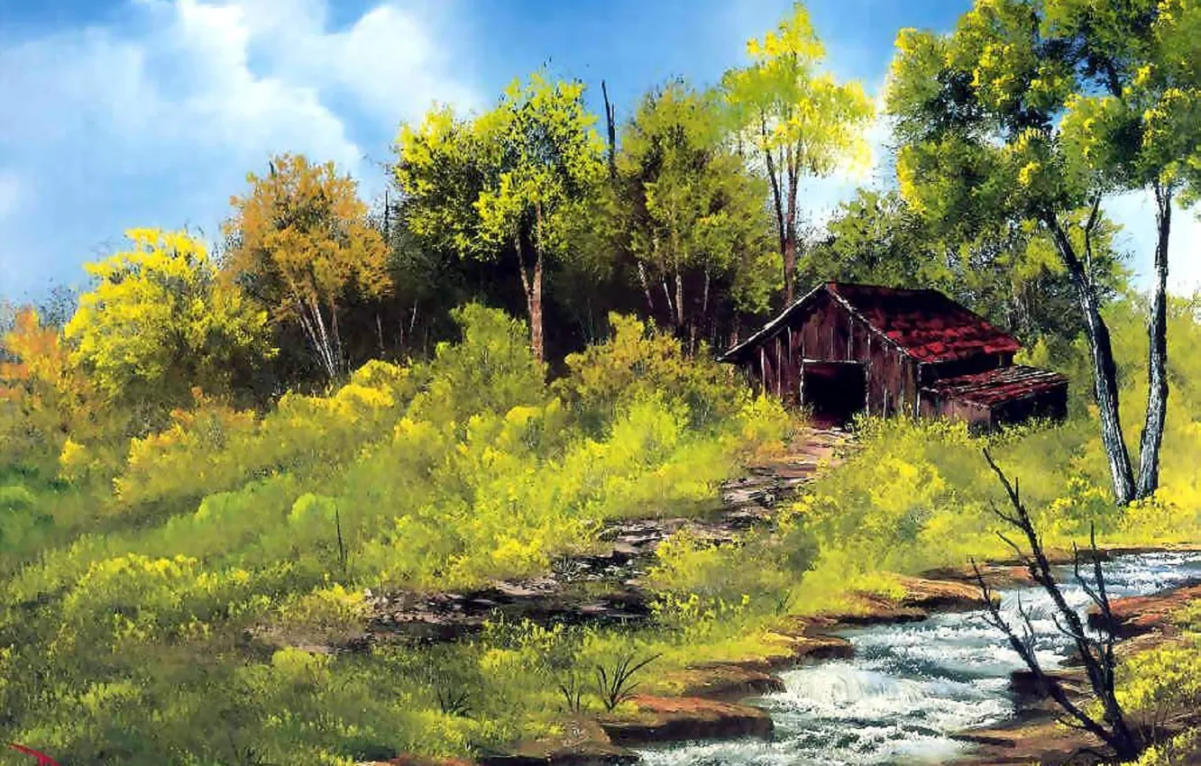 Photo wallpaper grass, water, trees, landscape, nature, house, stream, hut