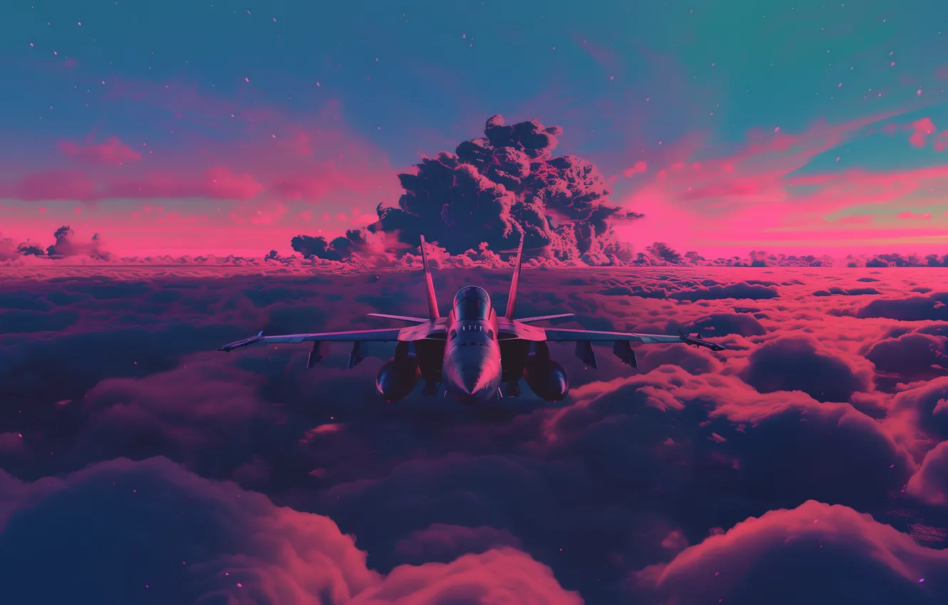 Photo wallpaper pink, clouds, airplane, neon, sunlight, jet fighter, frontal view, sunset glow