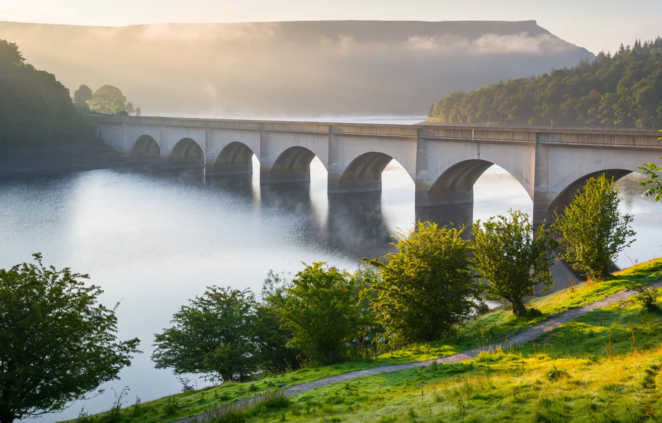 Photo wallpaper forest, the sun, trees, bridge, fog, river, England, Edale Valley