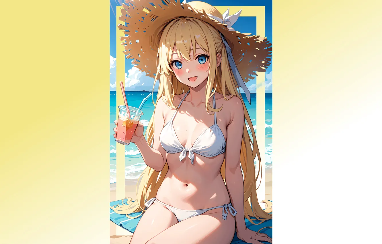 Photo wallpaper kawaii, girl, sexy, beach, sea, ocean, hat, anime