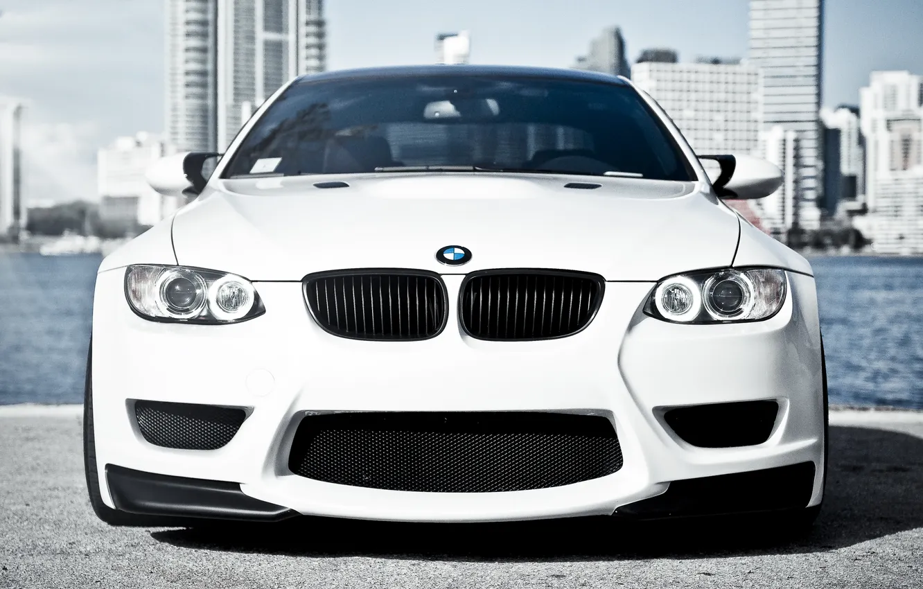 Photo wallpaper white, the city, BMW, skyscrapers, BMW, white, megapolis, e92