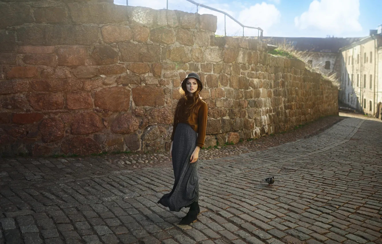Photo wallpaper the sky, girl, the sun, clouds, light, style, stones, model