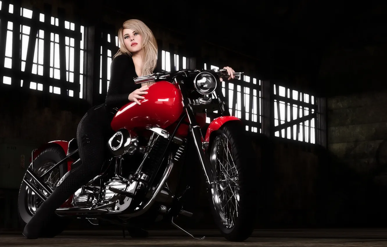 Photo wallpaper girl, garage, blonde, motorcycle, Harley Davidson, bike, Elena
