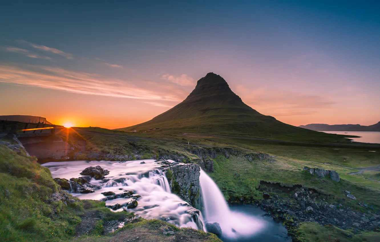 Photo wallpaper mountains, waterfall, morning, Iceland, Iceland, Kirkjufel