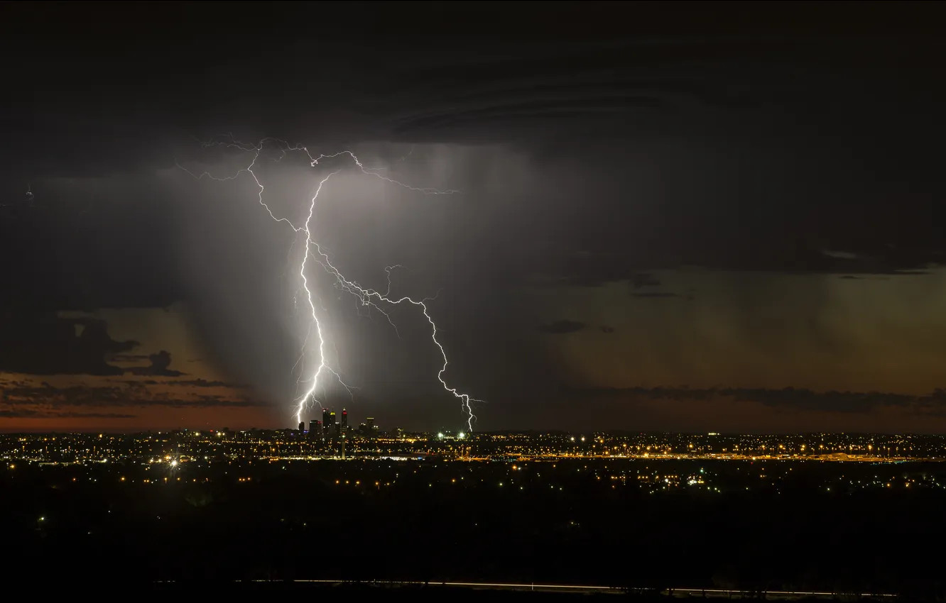 Photo wallpaper the sky, clouds, the city, element, lightning, the evening, panorama
