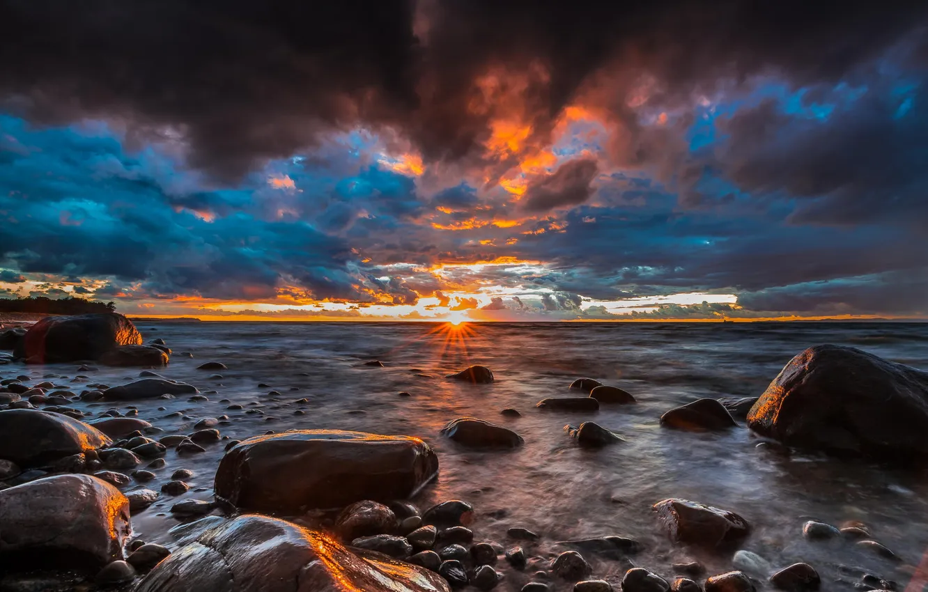 Photo wallpaper beach, the sun, stones, the ocean, dawn, coast