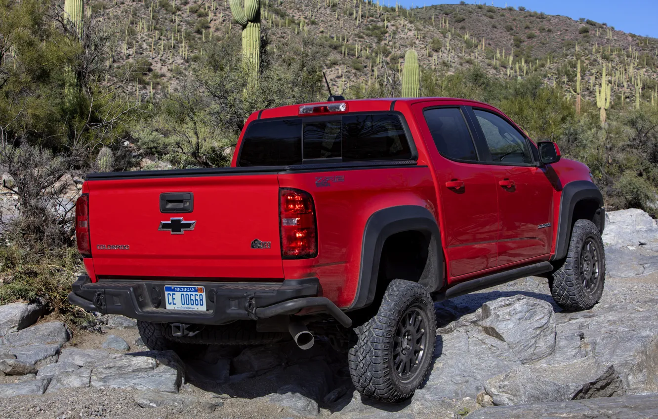 Photo wallpaper red, Chevrolet, rear view, pickup, Colorado, 2019, ZR2 Bison