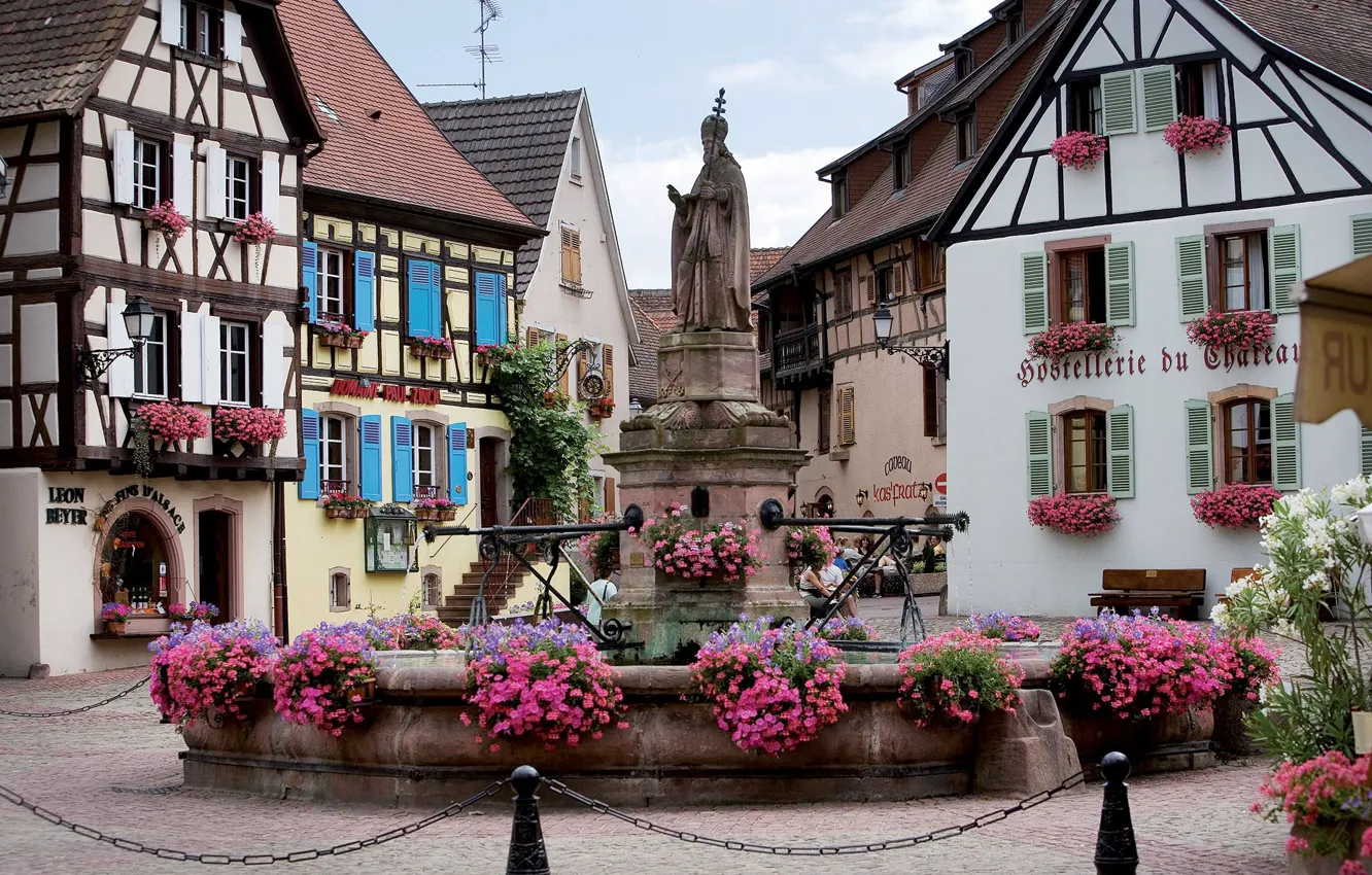 Photo wallpaper flowers, France, home, monument, Alsace, Eguisheim