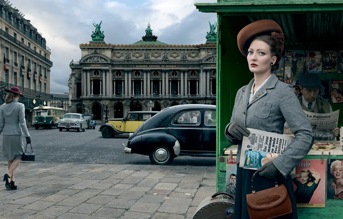 Photo wallpaper auto, girl, the city, retro, Paris, 1954, Stories, kiosk