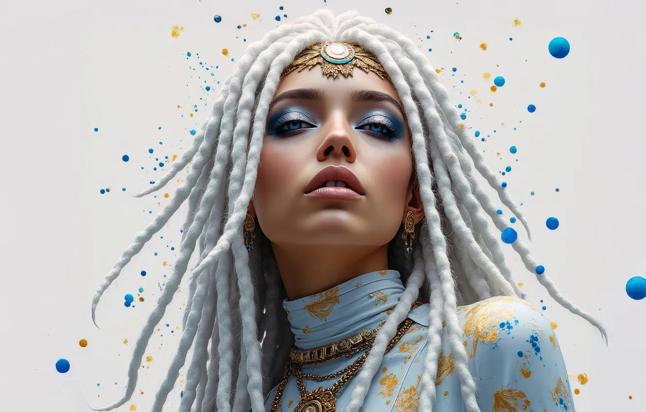 Photo wallpaper look, girl, face, paint, portrait, hairstyle, blonde, white background