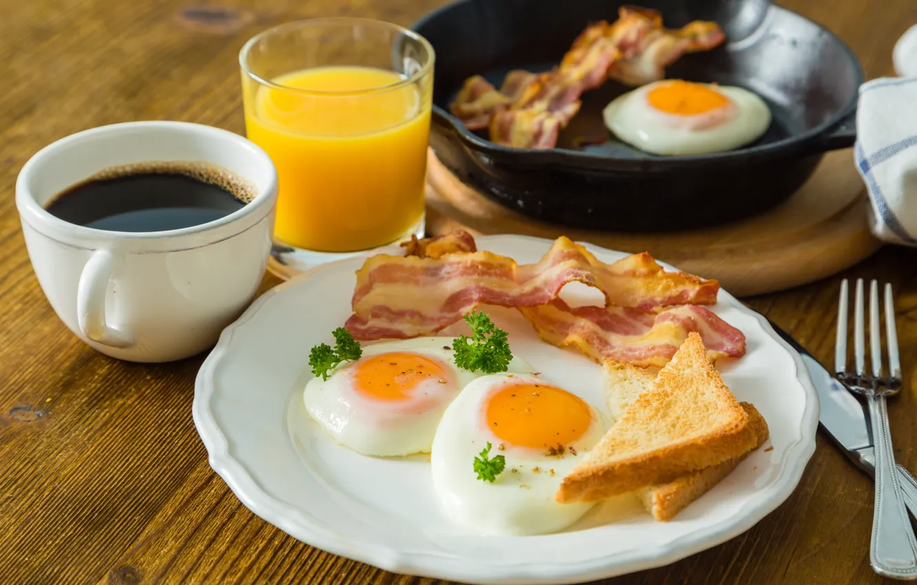 Photo wallpaper coffee, Breakfast, juice, scrambled eggs, bacon