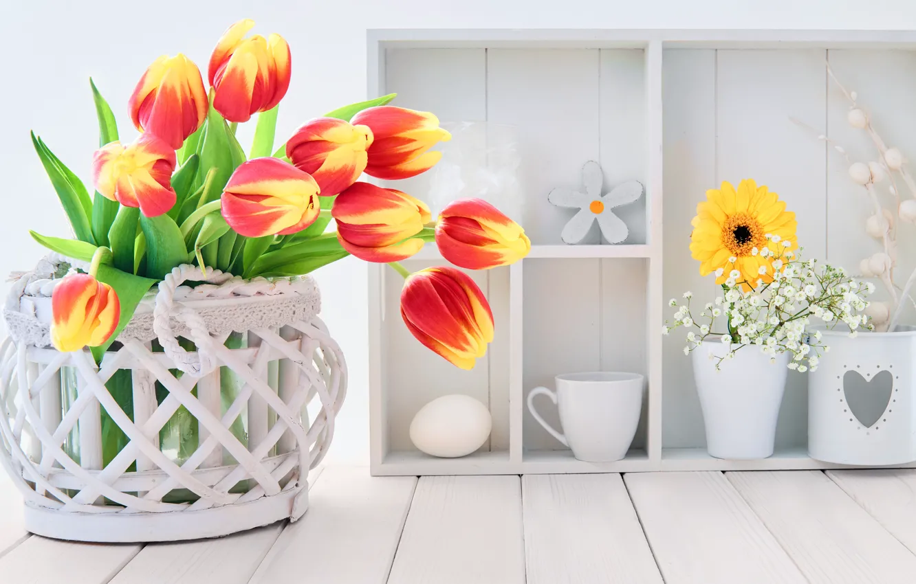 Photo wallpaper flowers, bouquet, tulips, basket, decor, Anya Ivanova
