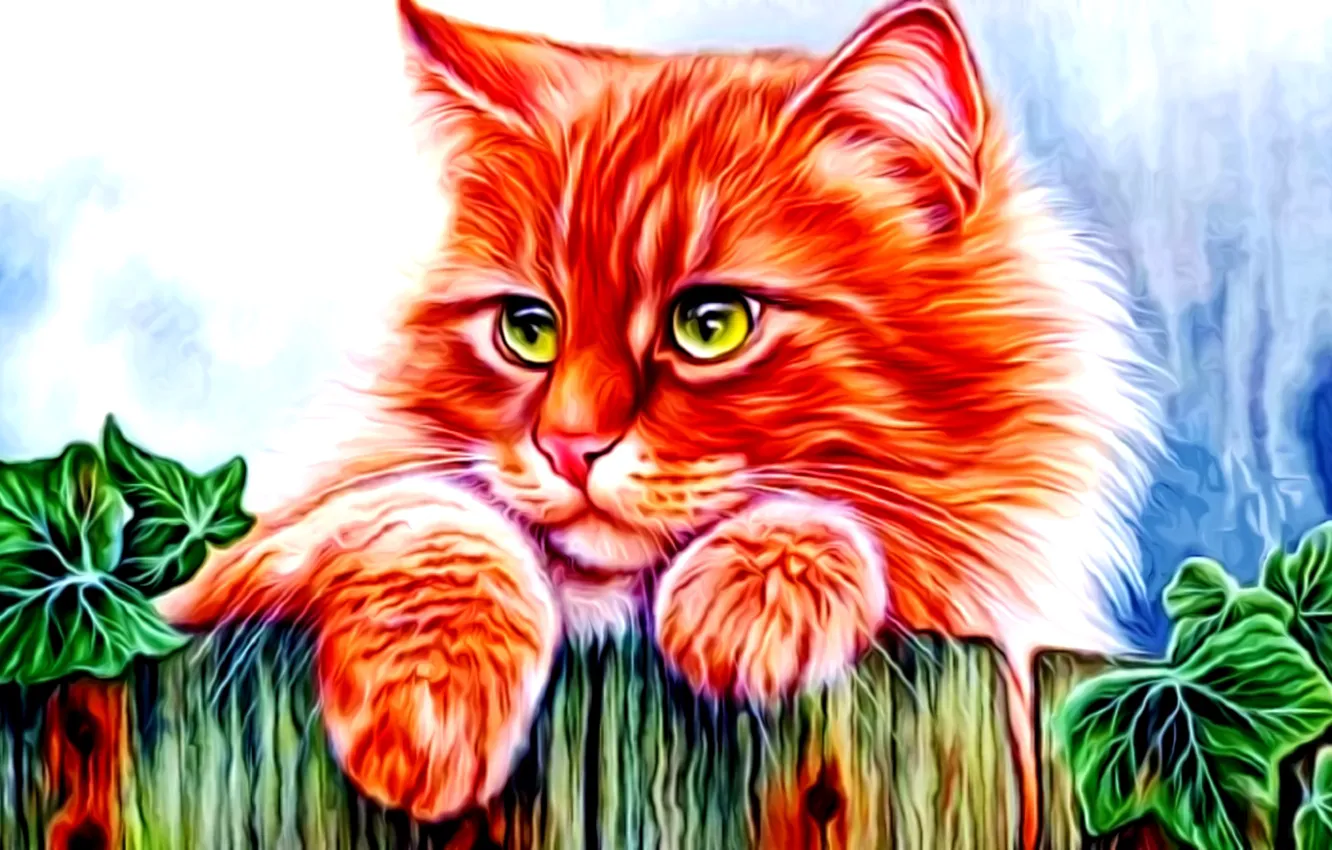 Photo wallpaper cat, look, rendering, figure, fluffy, red, green eyes